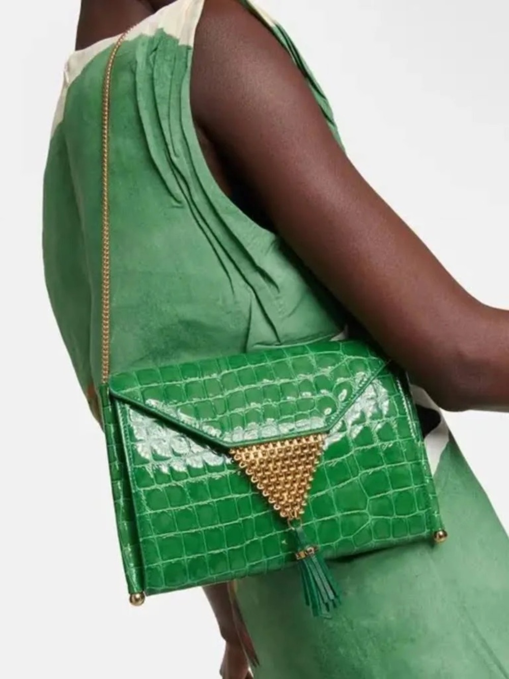 Aquazurra downtown chain envelop clutch. Green Envelope Clutch with Gold Tassel